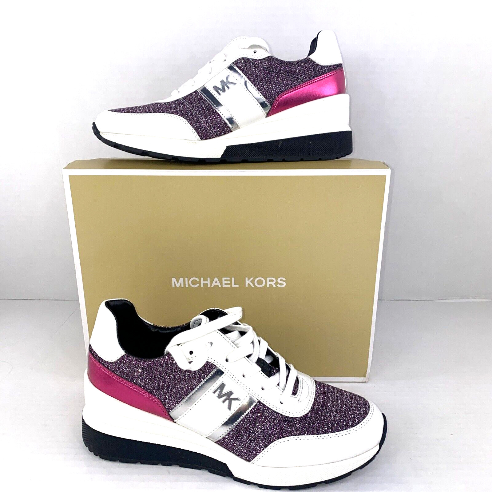 Michael Kors Mabel Trainers Sneakers Merlot Size 9 White Pink Glitter B3F