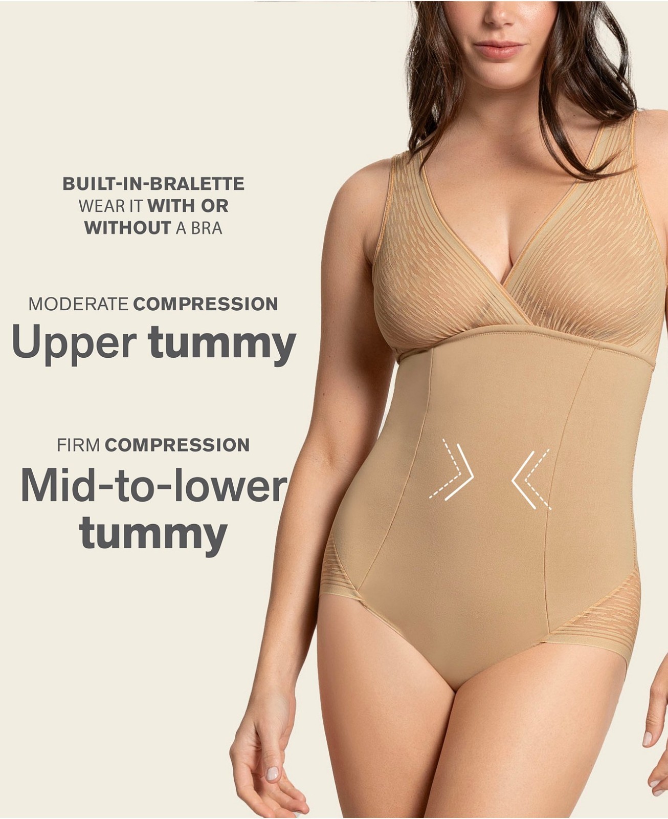 NWT LEONISA Sheer Stripe Detail Sculpting Bodysuit Sz L Golden Beige 018517