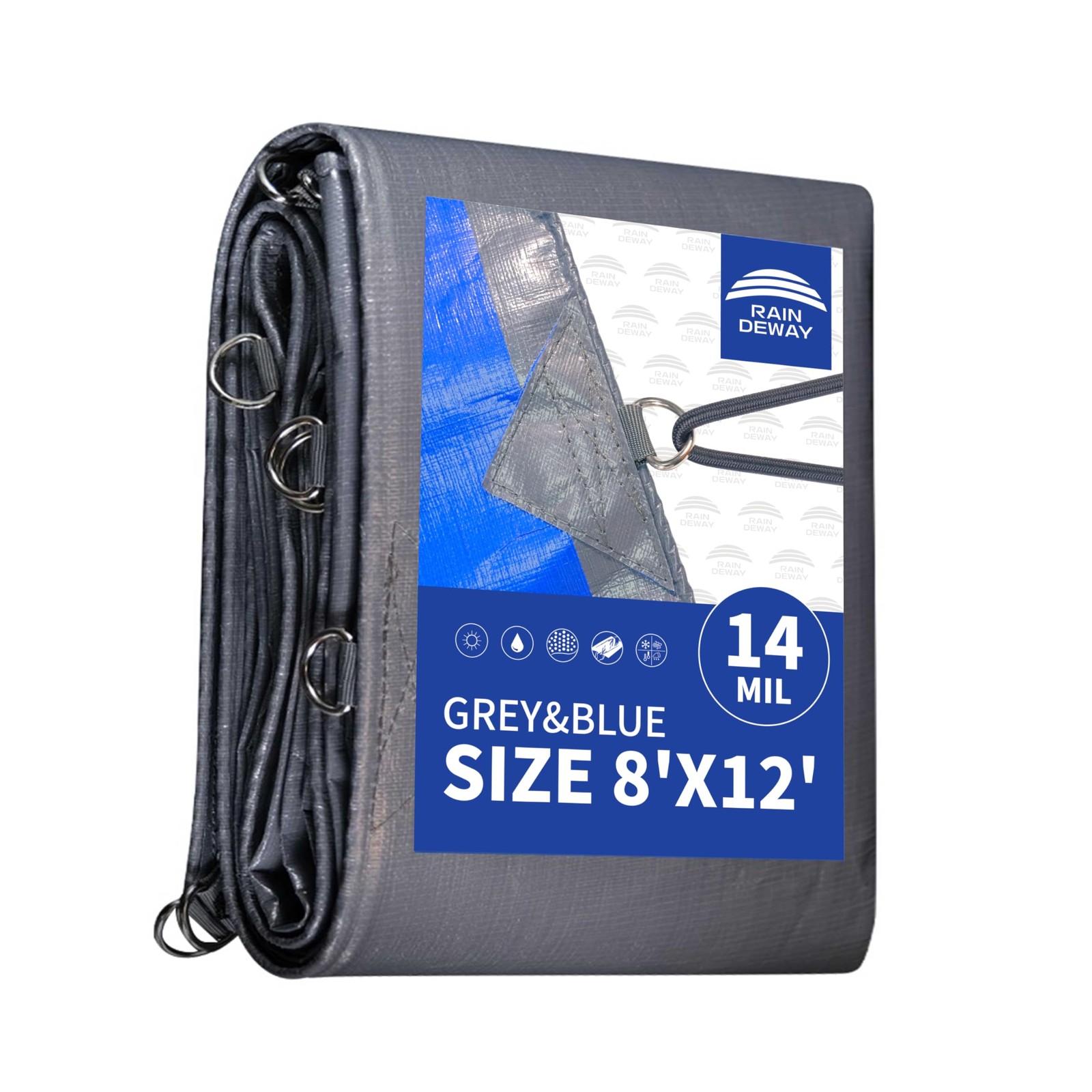 RAINDEWAY 8×12 ft Heavy Duty Tarp – 14 Mil, Waterproof, UV Resistant, Blue/Gray