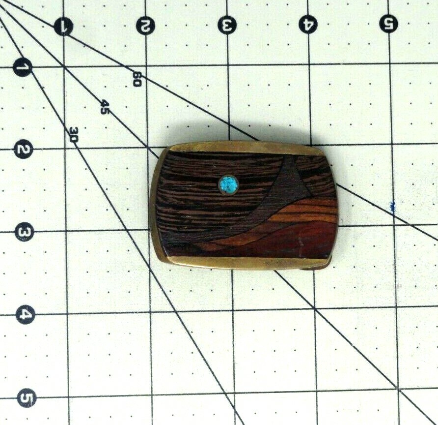 Exotic Wood Stone Brass Inlay Landscape Art Dress Belt Buckle Vtg 70’s DS.DBD473