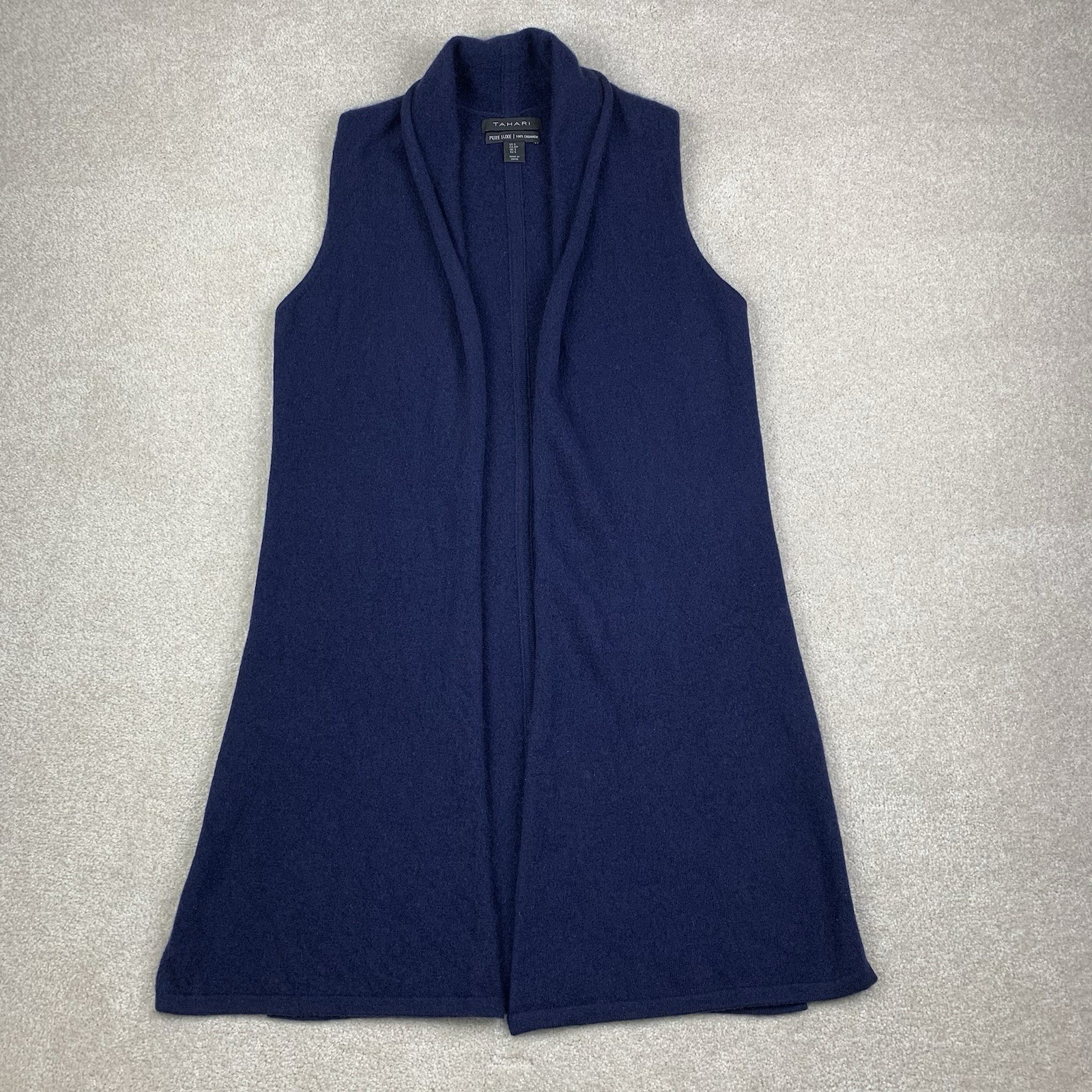 Tahari 100% Cashmere Pure Luxe Vest Womens Small Navy Blue Open Front Longline