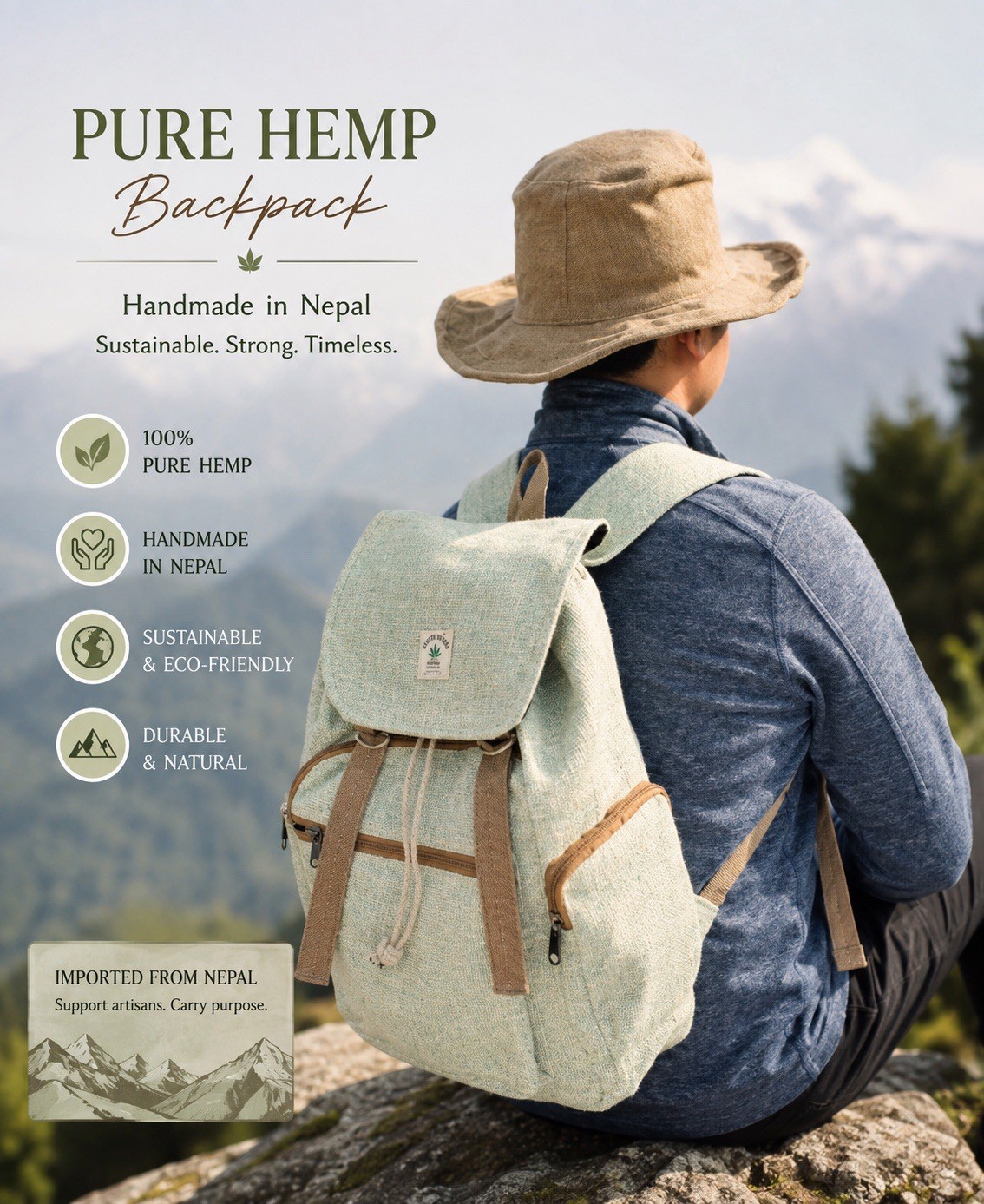Hemp Backpack Boho Hippie Woven Bag Natural Fiber