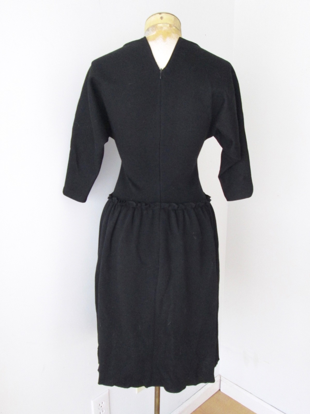 Behnaz Sarafpour black wool deep U neck ruffle drop waist dress dolman sleeves S