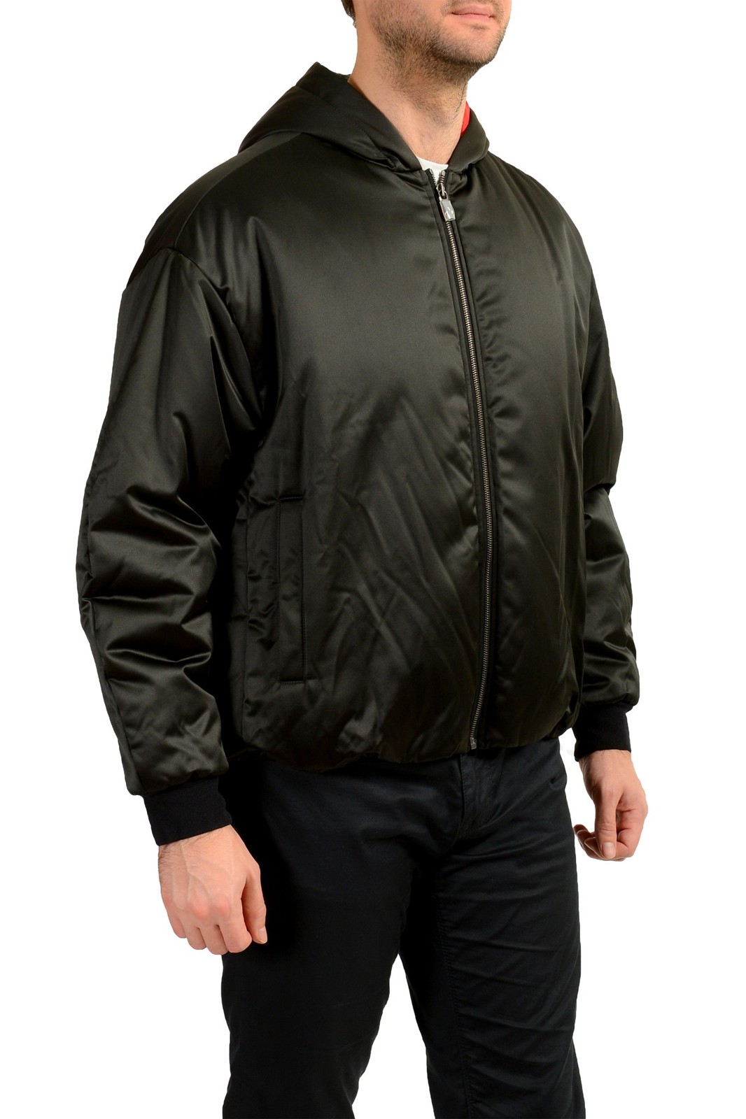 Scuderia Ferrari Men’s Black Fluid Satin Padded Hooded Bomber Jacket US S IT 48