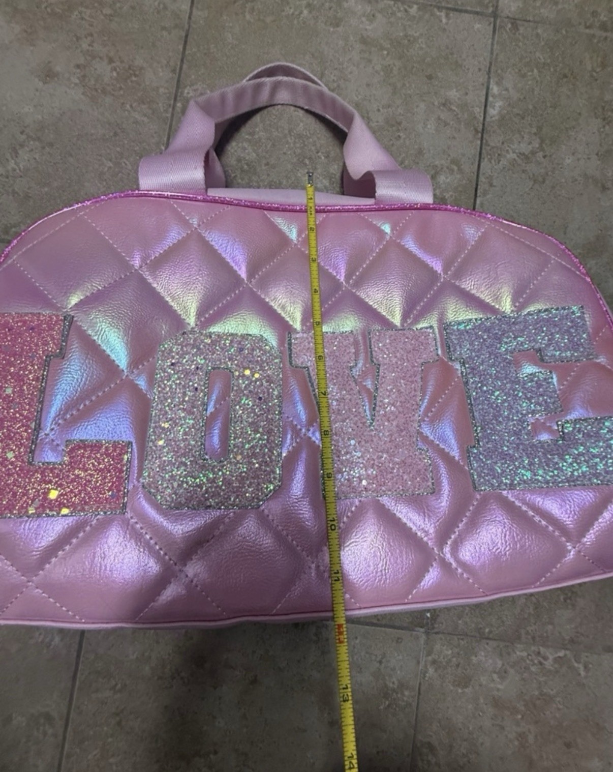 OMG Accessories Pink Quilted Glitter LOVE Large Duffle Bag Zip w Bag Charm