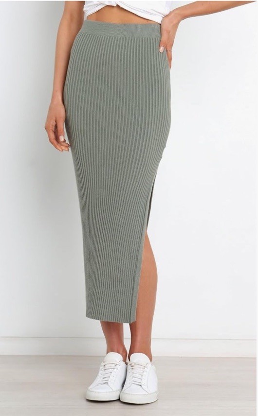 Petal & Pup Bowen Skirt Olive Ribbed Side-Slit Midi Skirt NWT