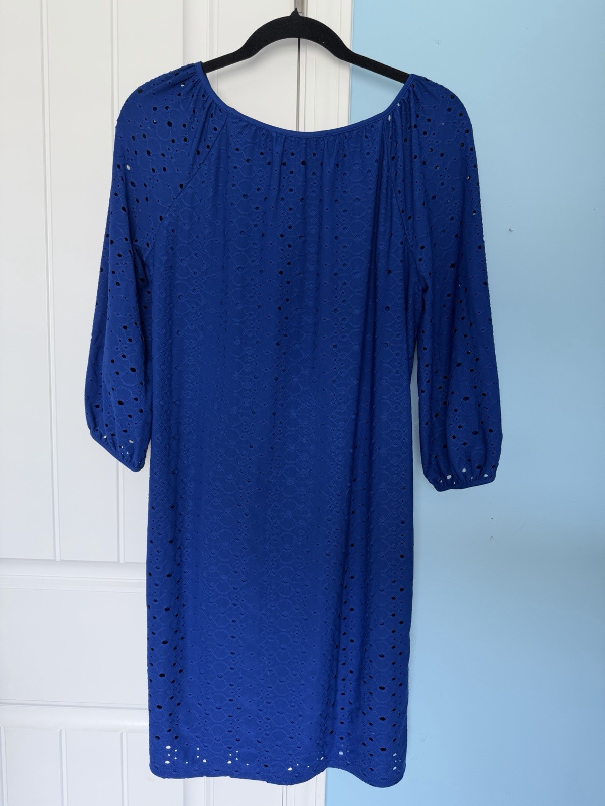 London Times Size 12 Blue Eyelet Shift Dress, 3/4 Sleeve, Knee Length