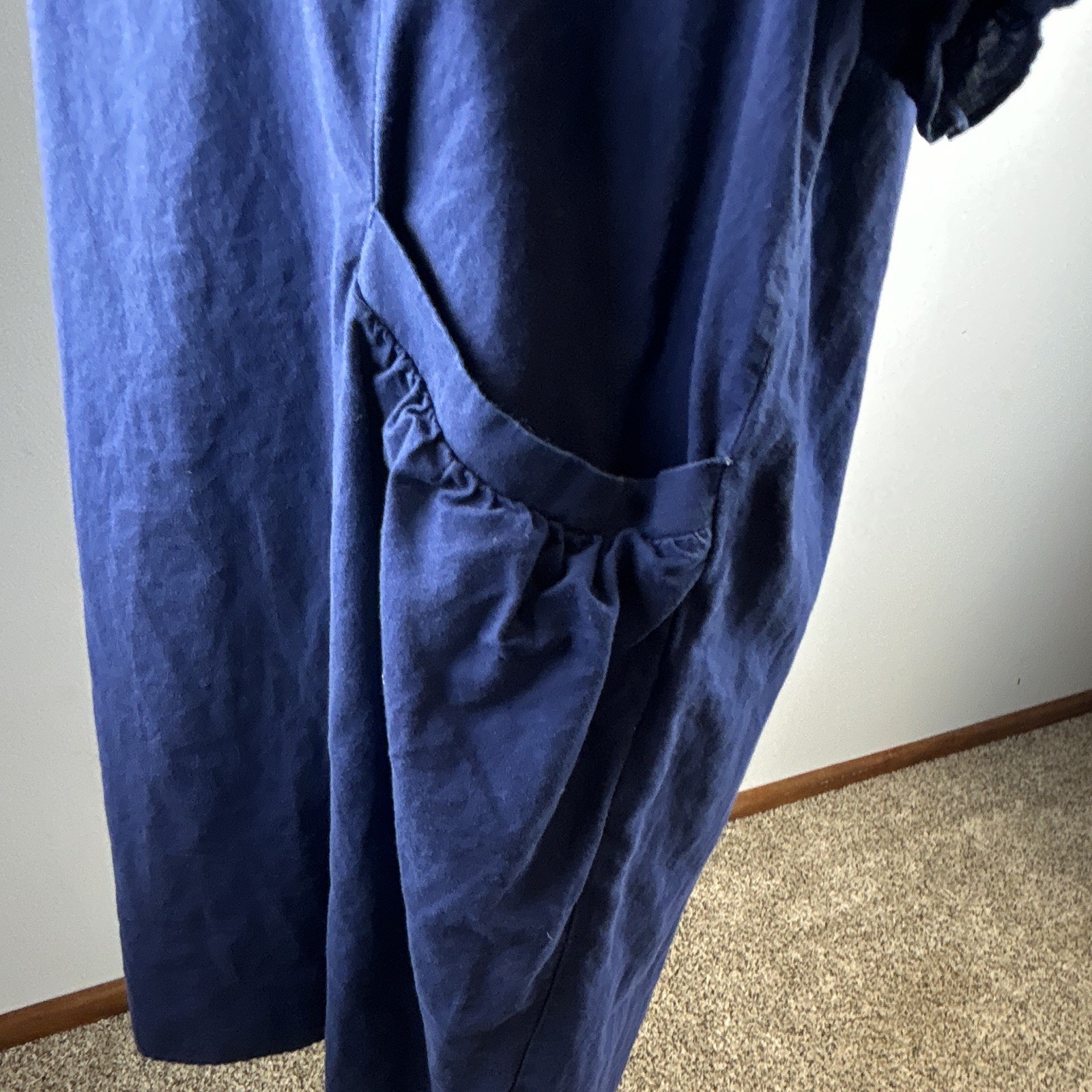 Cre Coton Women’s Blue Solid Woven Linen/Cotton Boat Neck Shift Pockets XL