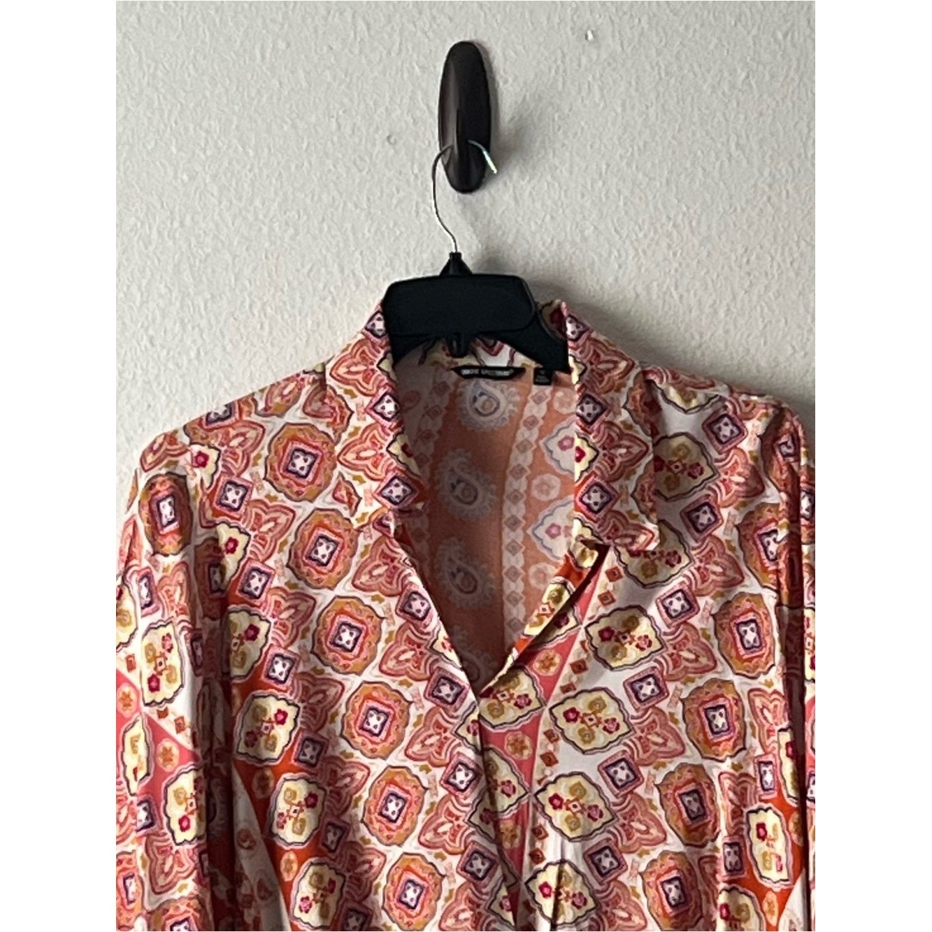 Unique Spectrum Satin Button-Front Blouse in Coral, Cream , Red Accents, Size IX