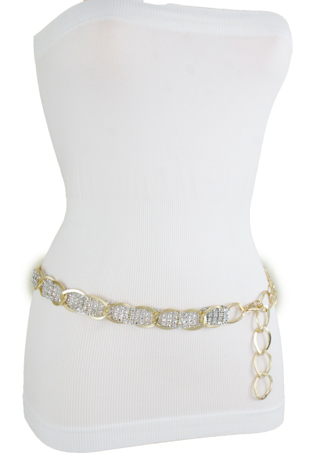 Women Gold Color Metal Chain Fashion Belt Silver Mesh Fabric Bling Beads XS S M