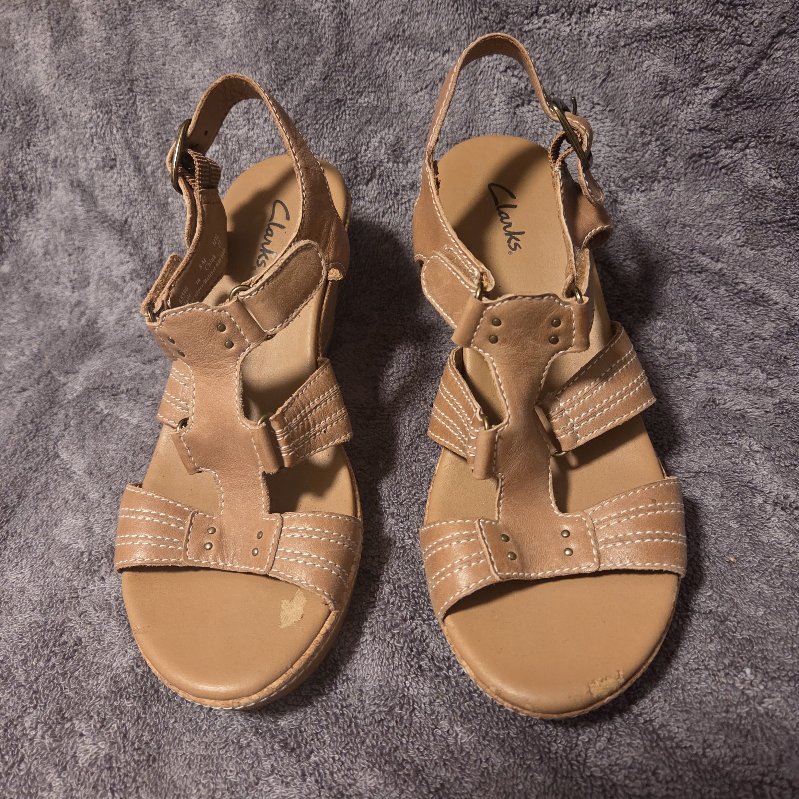 Clarks Wedge Sandals Tan Cork Comfort Women 8 M Buckle Strap