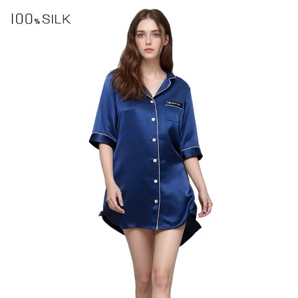 100% Mulberry Silk Nightshirt Nightwear Pajamas in Blue Bust 107cm/16 Momme