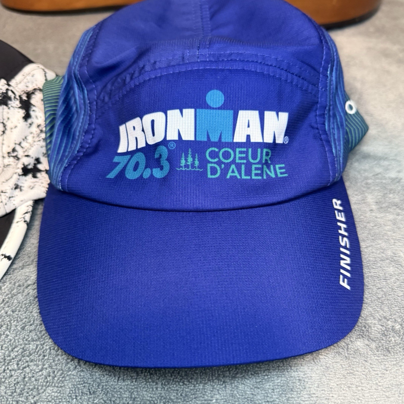 BOCO Gear 5 Panel Hat Ironman Triathalon 70.3 Coeur D’alene & Black White Splat