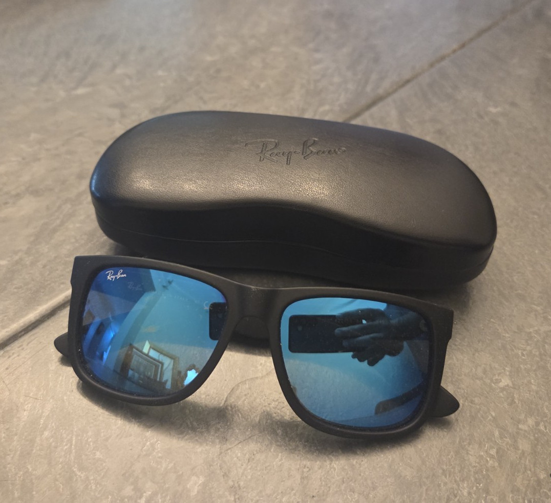 Ray-Ban Justin RB4165 Men’s Square Sunglasses Black Frame Blue Mirrored 145mm