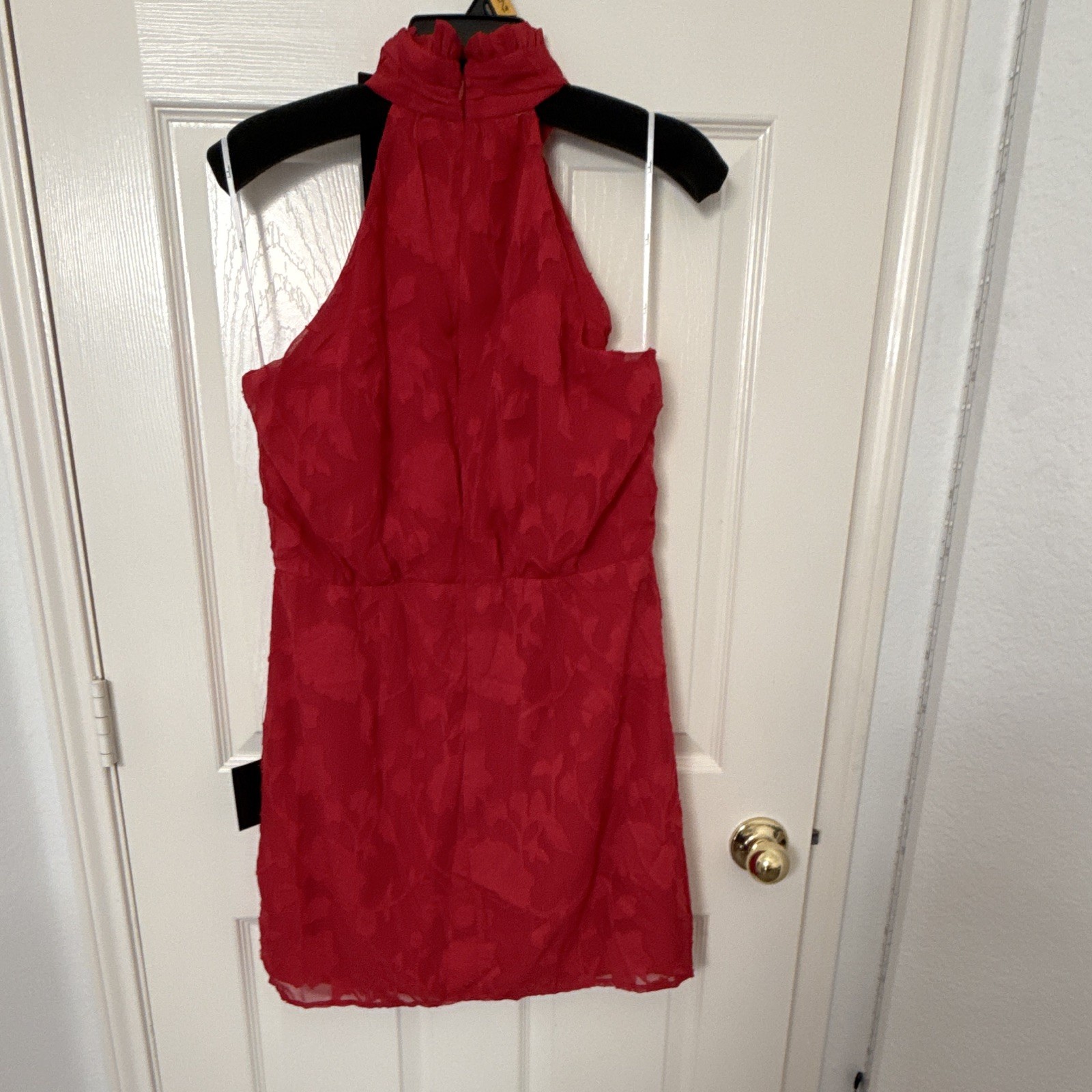 Lulus Red Solid Chiffon Halter Ruffle Sleeveless Lined Mini Dress Zip Size L