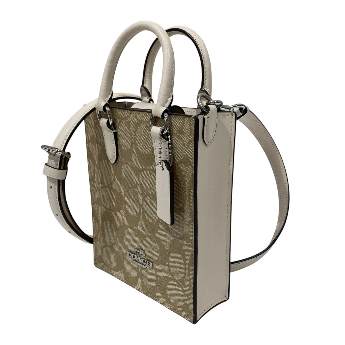 COACH North South Mini Tote Signature Canvas Beige Leather Strap 17cm CJ494
