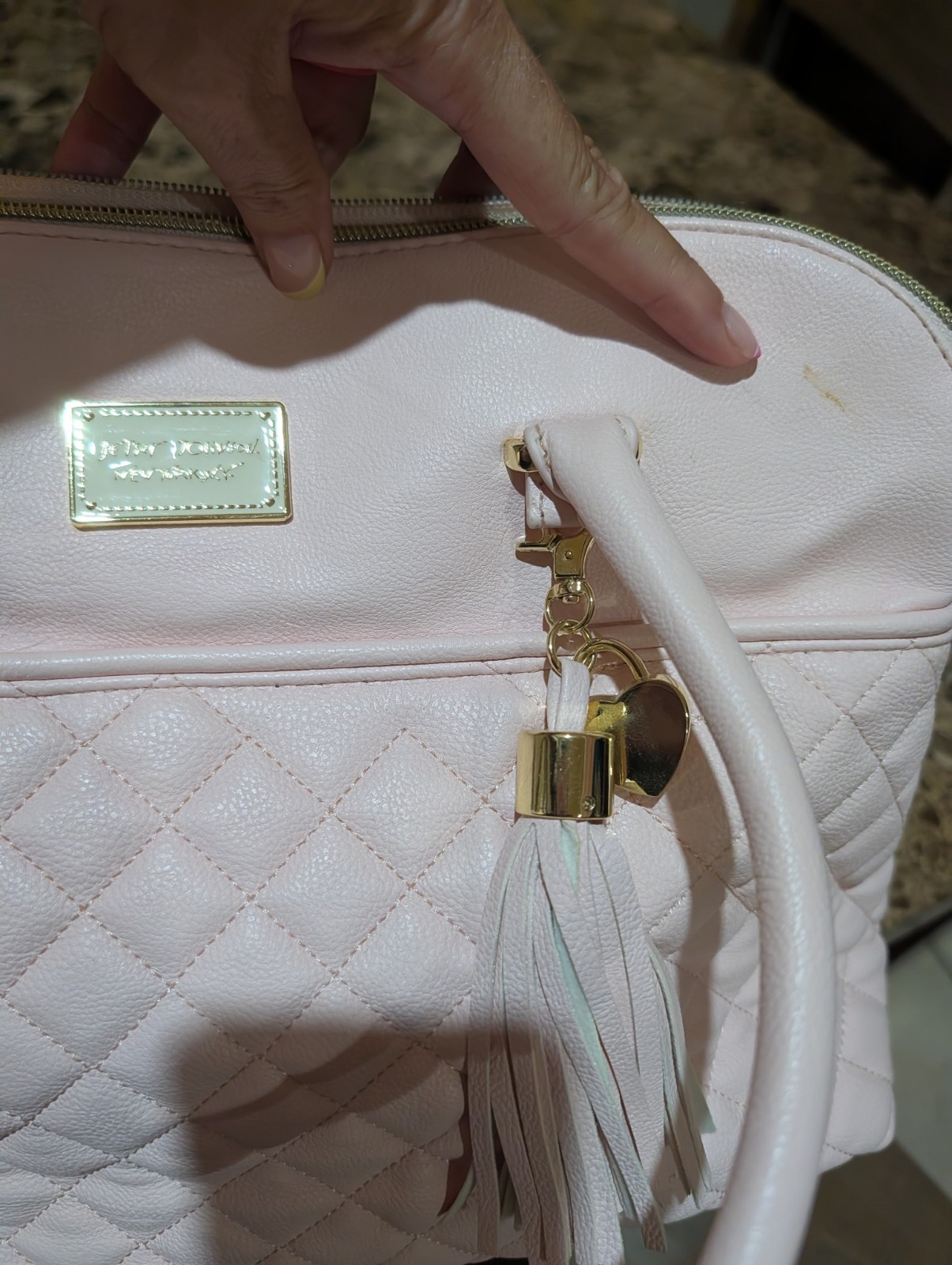 Betsey Johnson Pink Quilted Satchel Top Handle Bag Tassel Charm Zip Crossbody