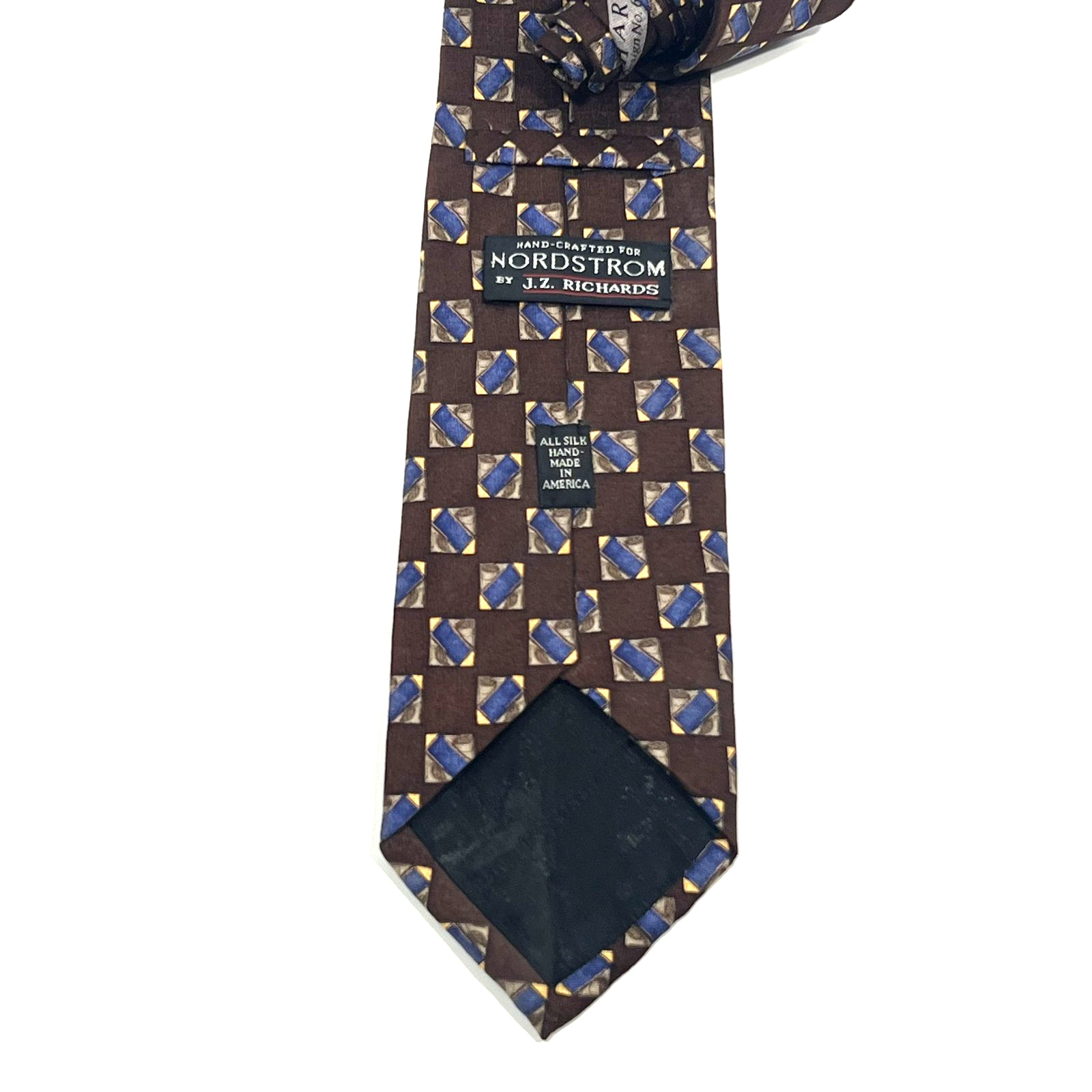 J.Z. Richards 100% Silk Mens Necktie Geometric Brown Blue Tan in Squares