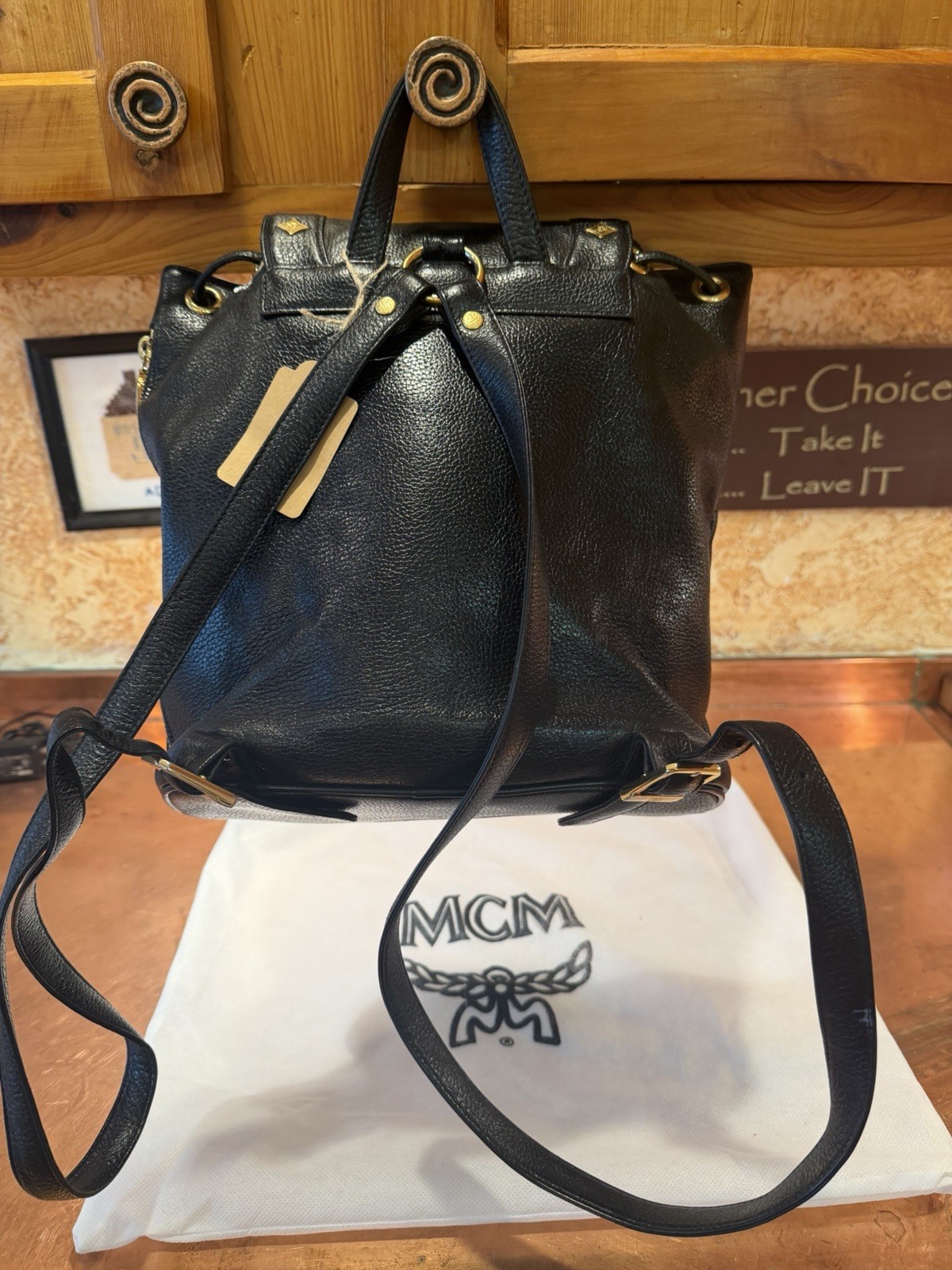 MCM Black Drawstring Backpack, Magnetic Closure, Gold Hardware, Dust Bag