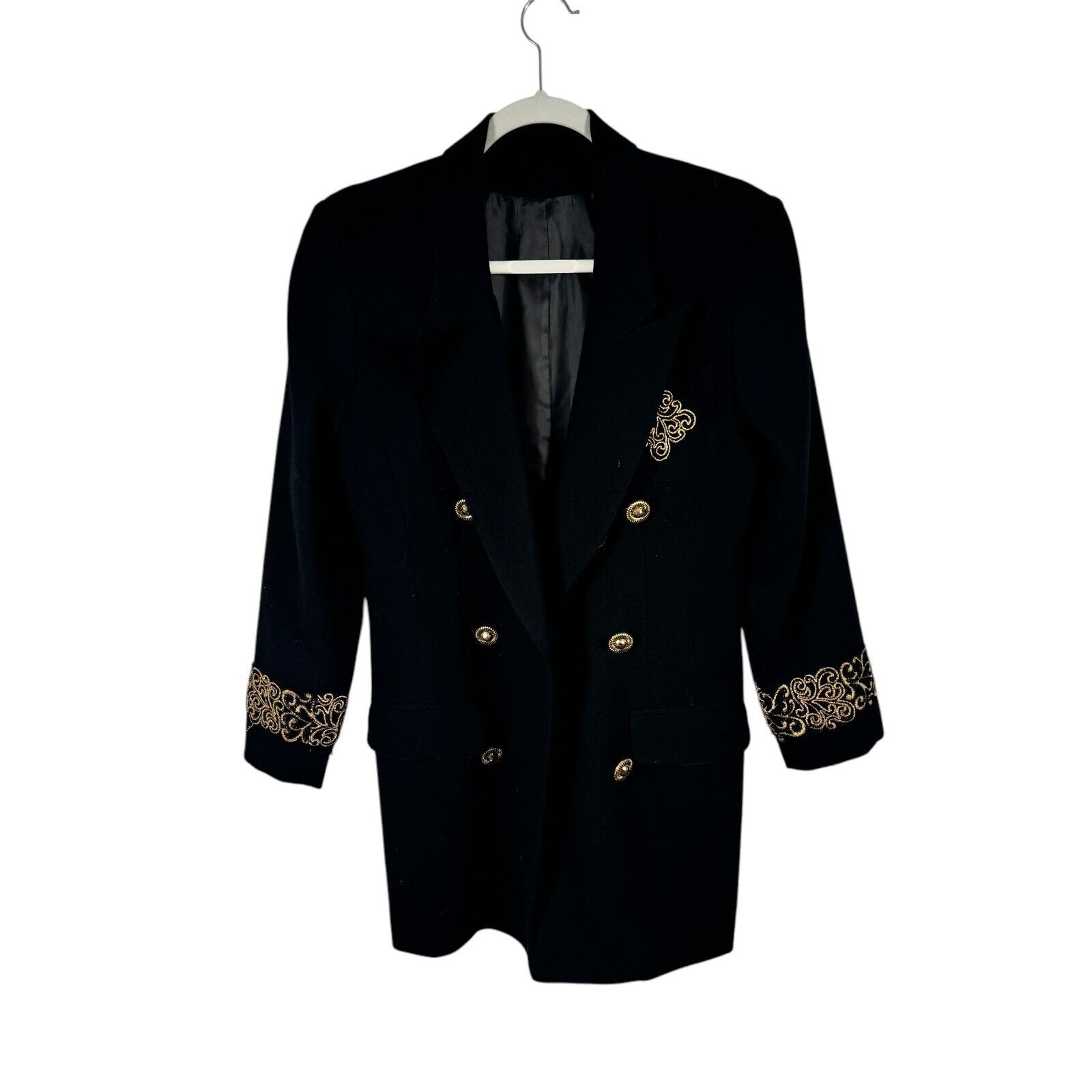 Moza New York Black Gold 100% Wool Blazer Regency Acedamia Preppy Womens 7/8