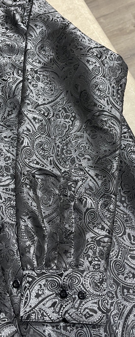 Barry Wang Men’s Black & Gray Paisley Silk Button Down Front Dress Shirt Sz M