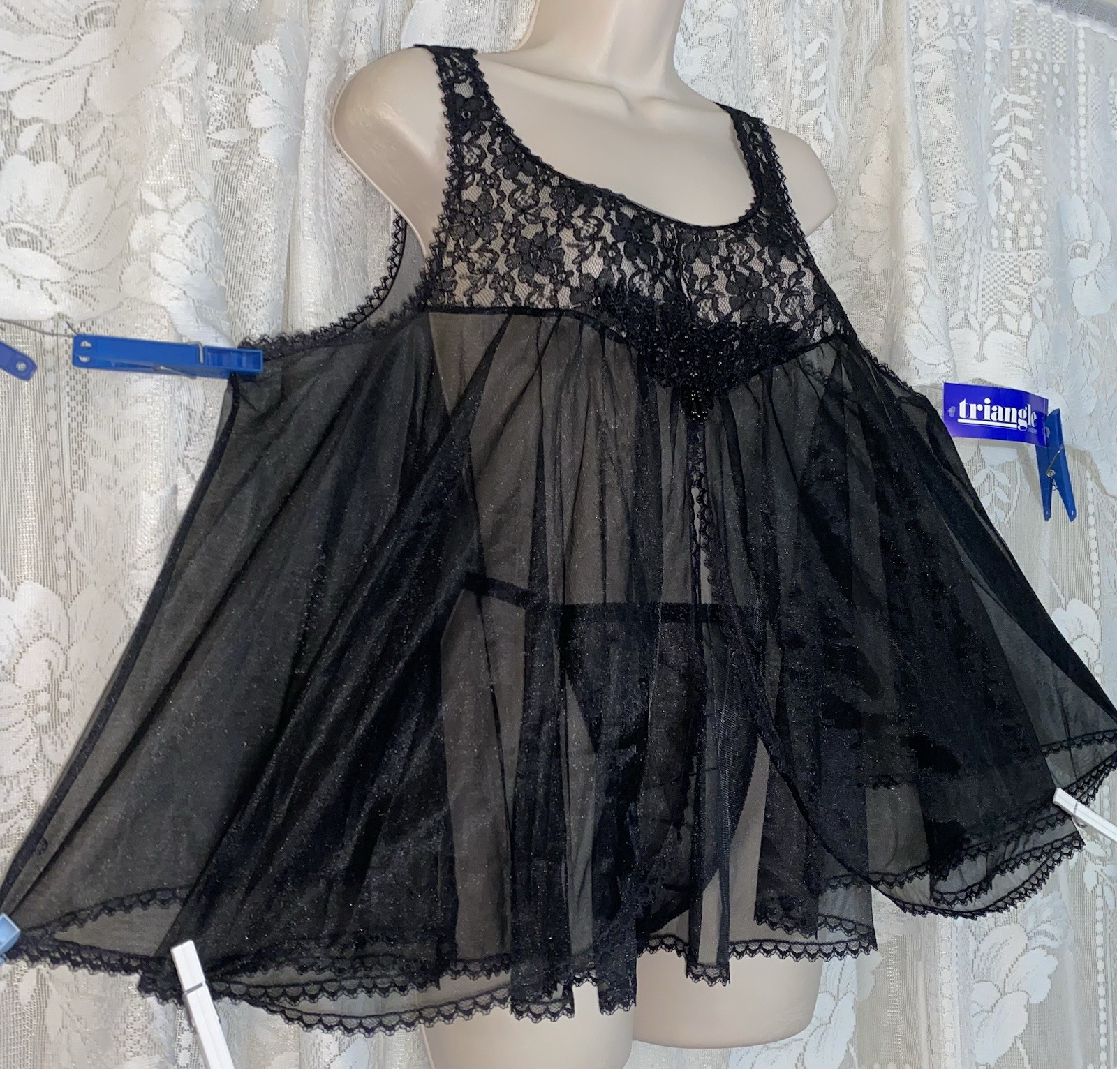 VTG NWT 1X Black Fancy Full Sheer Db Chiffon Babydoll Nightgown w Panty SET USA