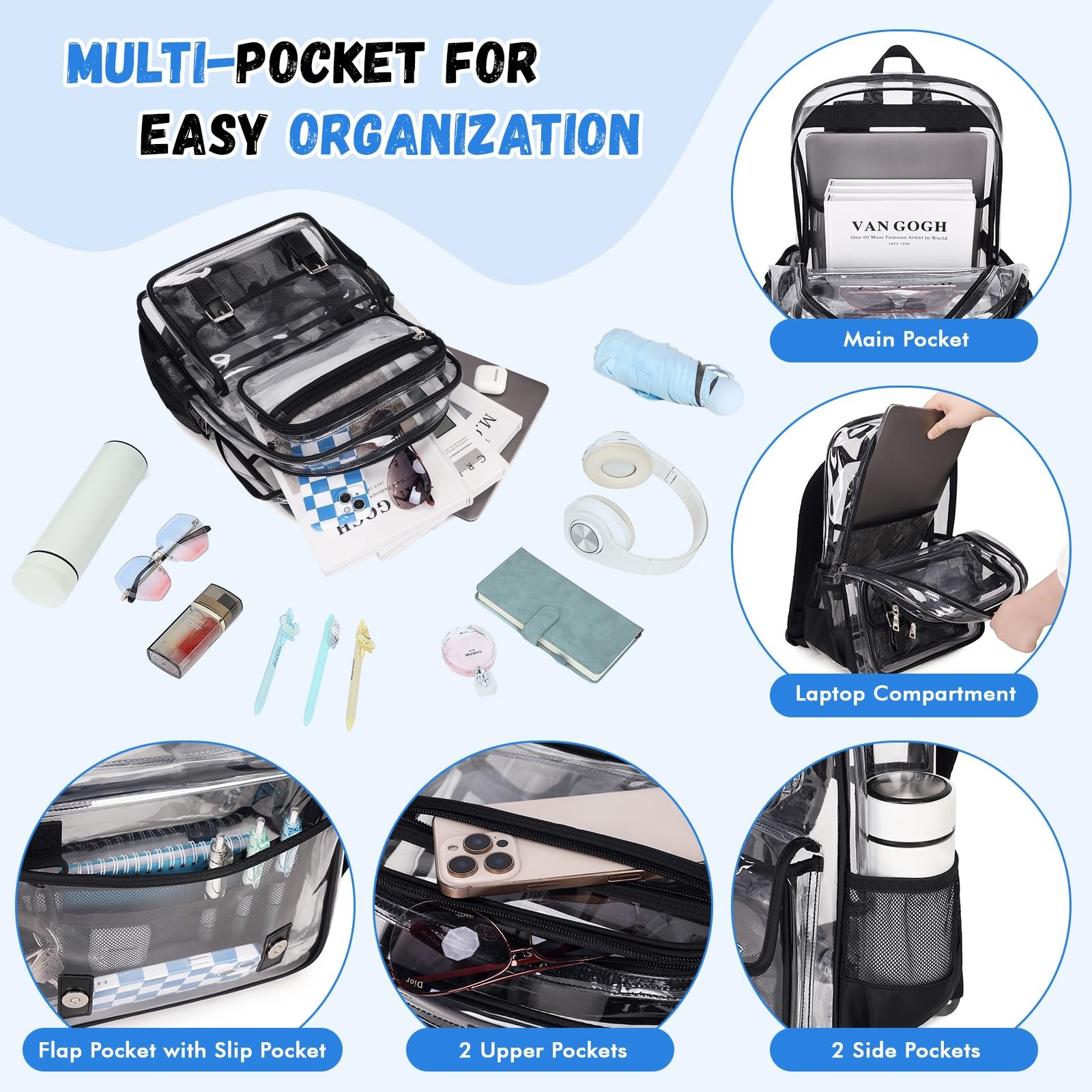 Black Large Clear Backpack Heavy Duty 11.8 x 5.9 x 17.1 Inch