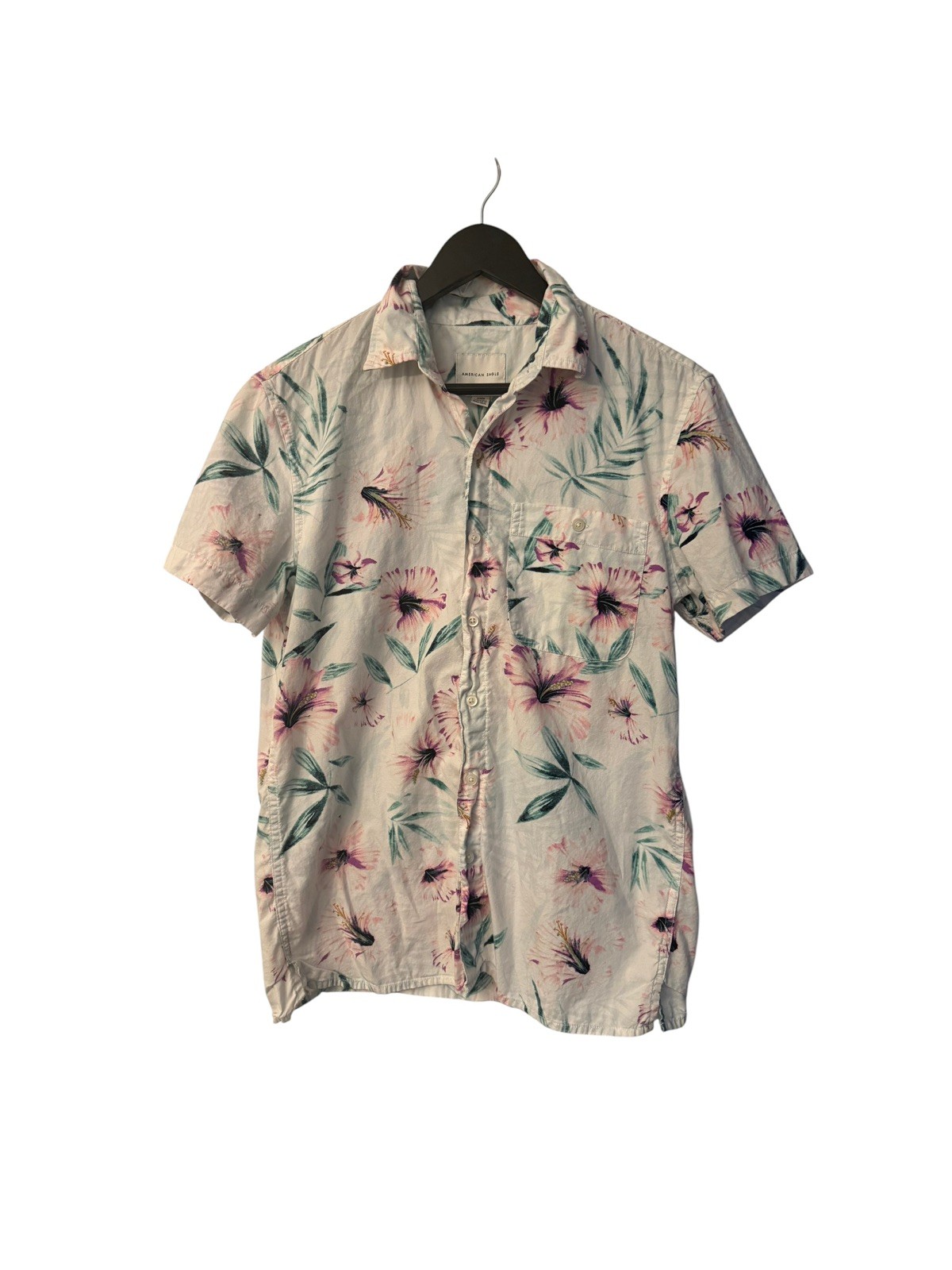 American Eagle Hawaiian Shirt Men’s S/P/CH White Floral Button Up Short Sleeve
