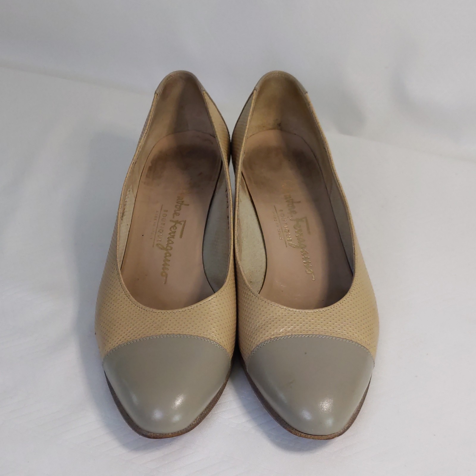 Salvatore Ferragamo Beige Gray Leather Cap Toe Almond Block Heel Pumps 7 C