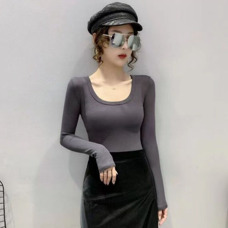 Lady Ribbed Basic Shirt Fit Stretch Low Cut Slim U-neck Plain Blouse Tee Shirt