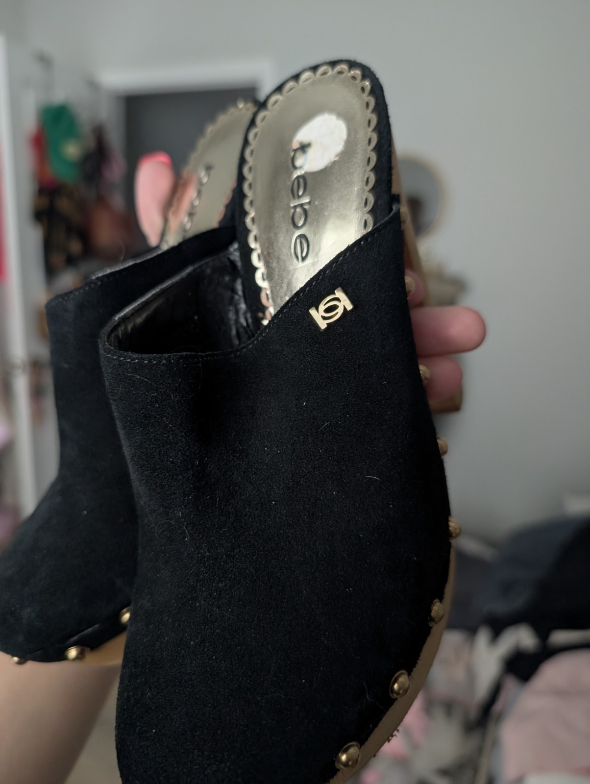 Bebe Studded Platform Heels Size 6 Black Leather Slip-On Closed Toe