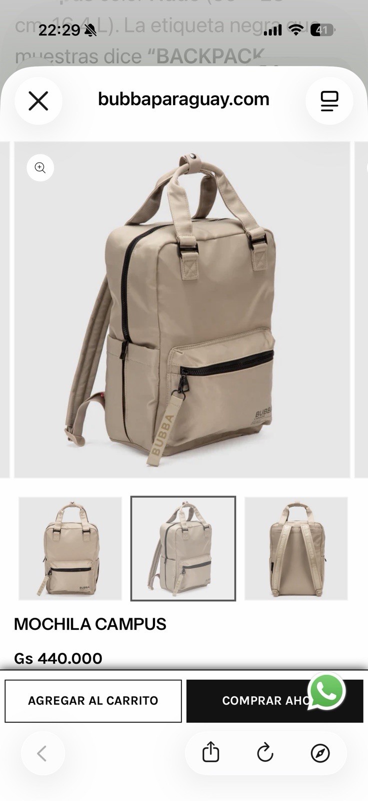 Bubba Essentials Beige Campus Backpack, Waterproof Zip, Bag Charm, Black HW