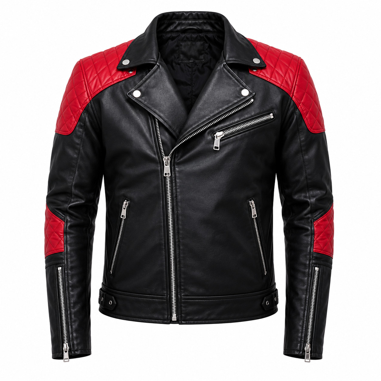 Men’s Black Leather Motorcycle Biker Jacket Red Quilted Slim Fit S-3XL