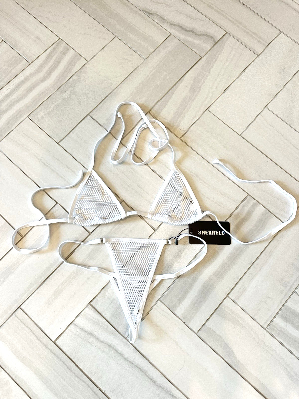 Sherrylo Womens Swimear String Bikini Size S Fishnet White Thong Triangle