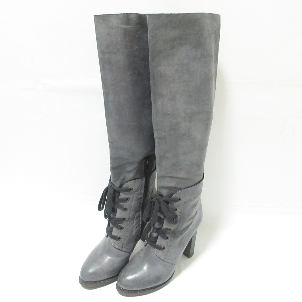 Chloe Leather Lace-up Long Boots 36 Approx.9.1″” Grey Women USED
