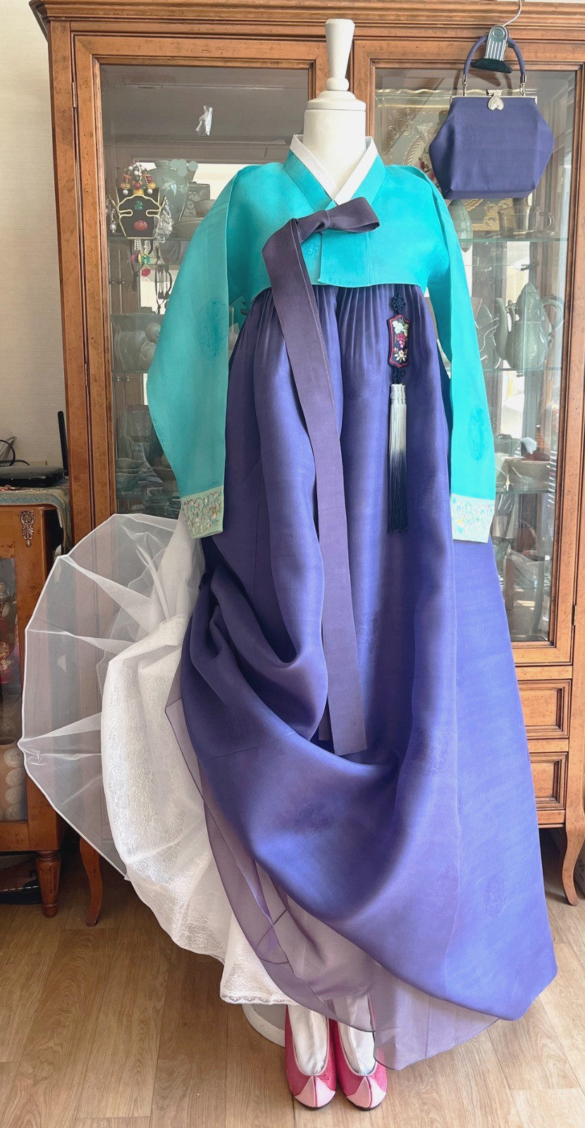 Premium Silk Traditional Korean Hanbok Dress–Mint & Purple / Petticoat /Hand bag