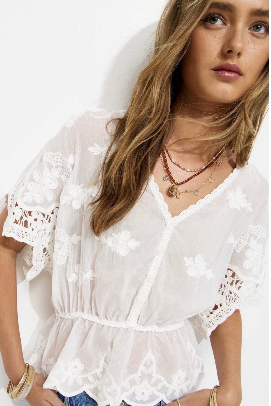 New Look White Semi Sheer Crochet Lace Trim V-Neck Blouse Size M RRP £27.99