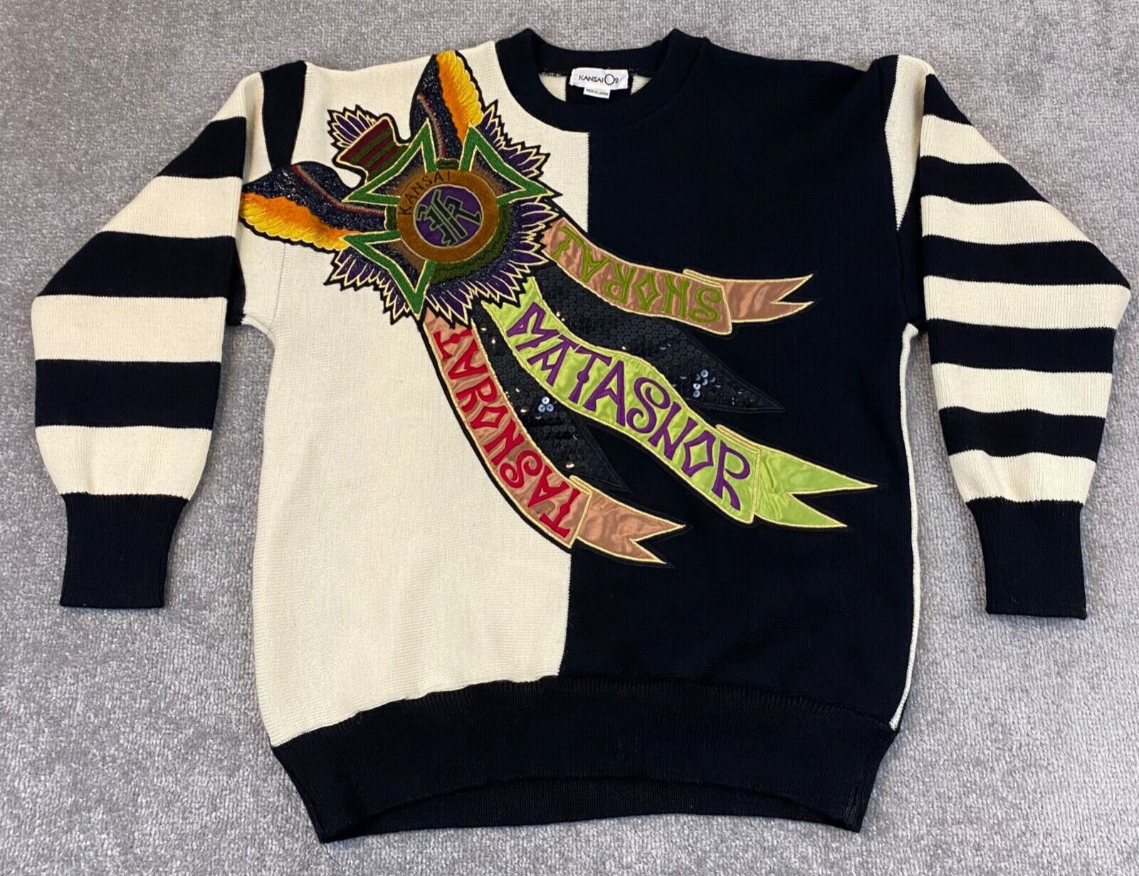 RARE Kansai Yamamoto O2 Sweater Mens L Wool Knit Oriental Artsy Wings Striped LS