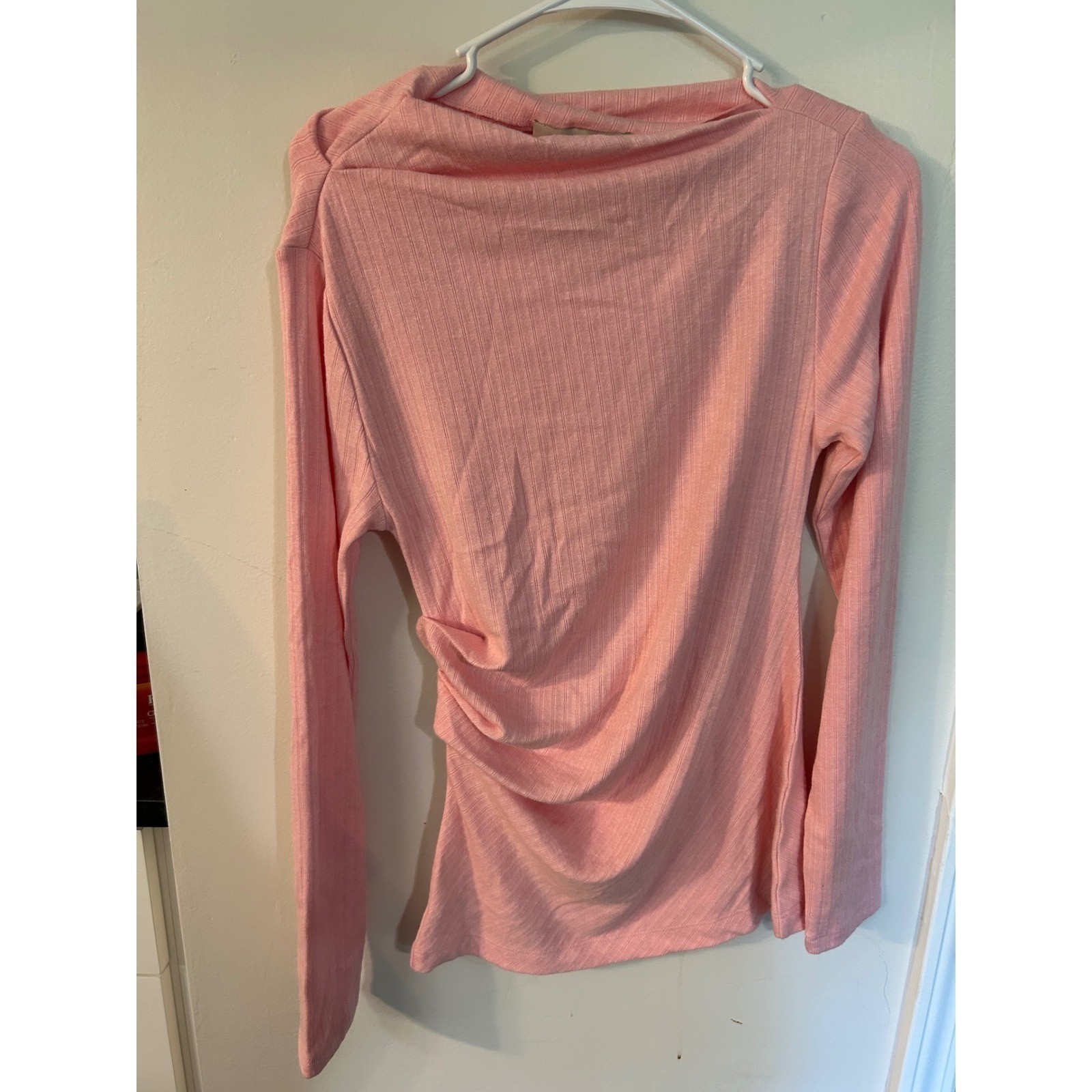 LOFT Womens Pink Ribbed Long Sleeve Boat Neck Side Ruched Top Size M RN140923