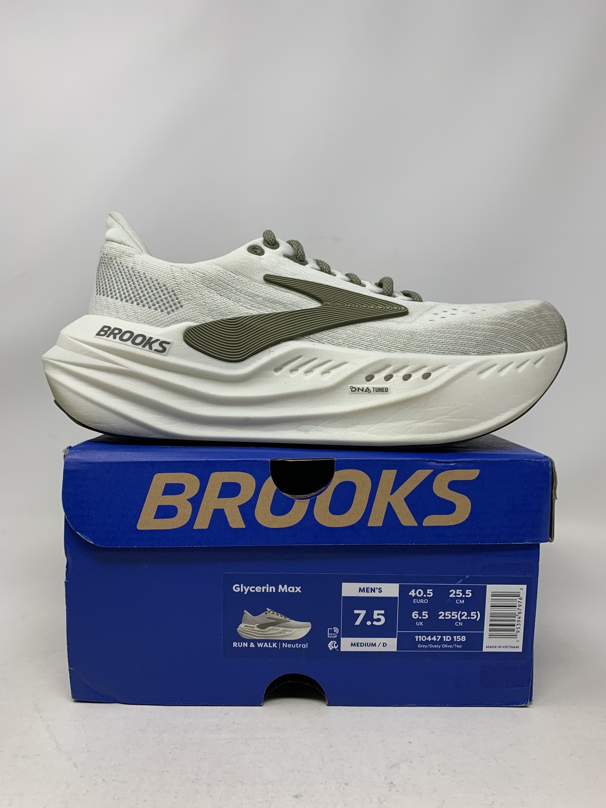 Men’s Brooks Glycerin Max, Grey/Dusty Olive/Tea, 7.5 D Medium US