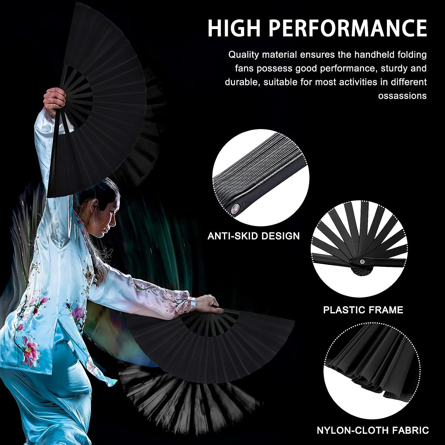 4 Pcs Large Folding Fans Bulk with 4 Fan Sleeves, Chinese Kung Fu Hand Clack