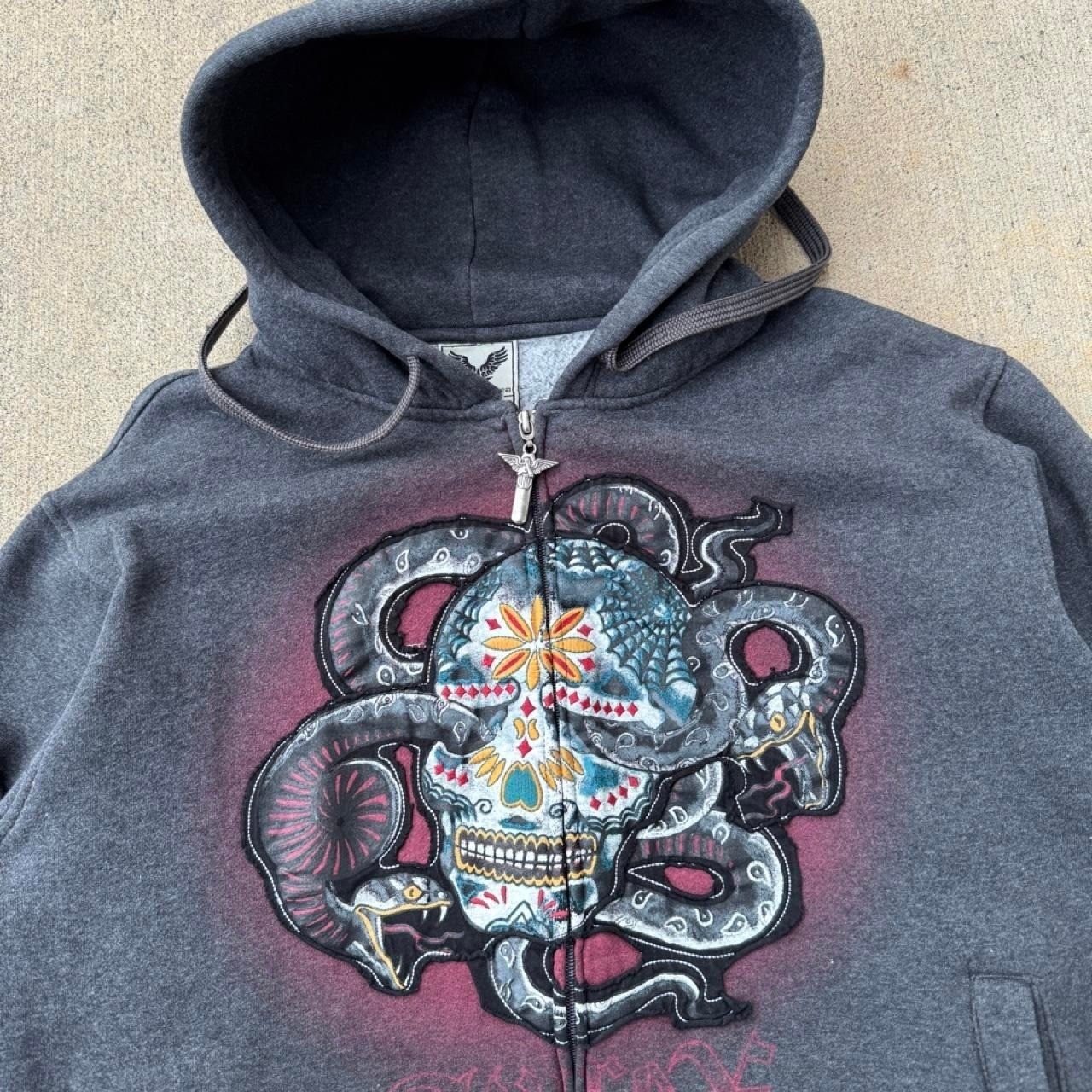 GREY AVIREX Y2K “SUGAR SKULL” ZIP UP HOODIE