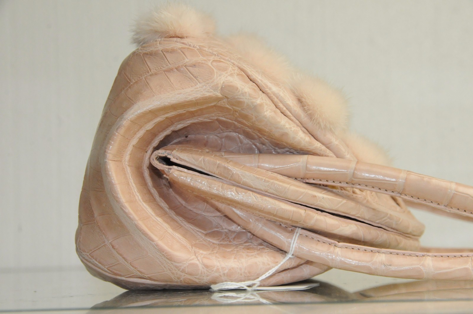 $3600 NEW Nancy Gonzalez Pale Pink CROCODILE Mink Pom Pom BAG Clutch