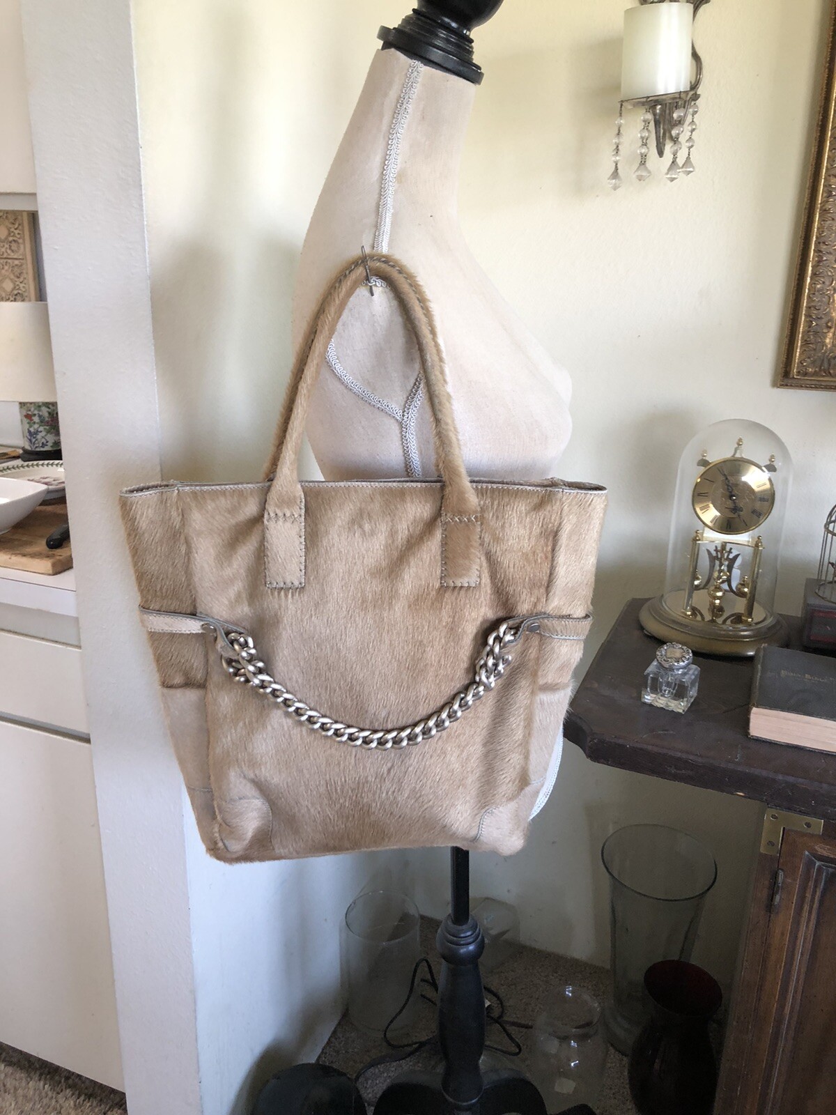 Vintage Falor Italy Tote Purse tan leather hyde tote with silver chain 15 X 14