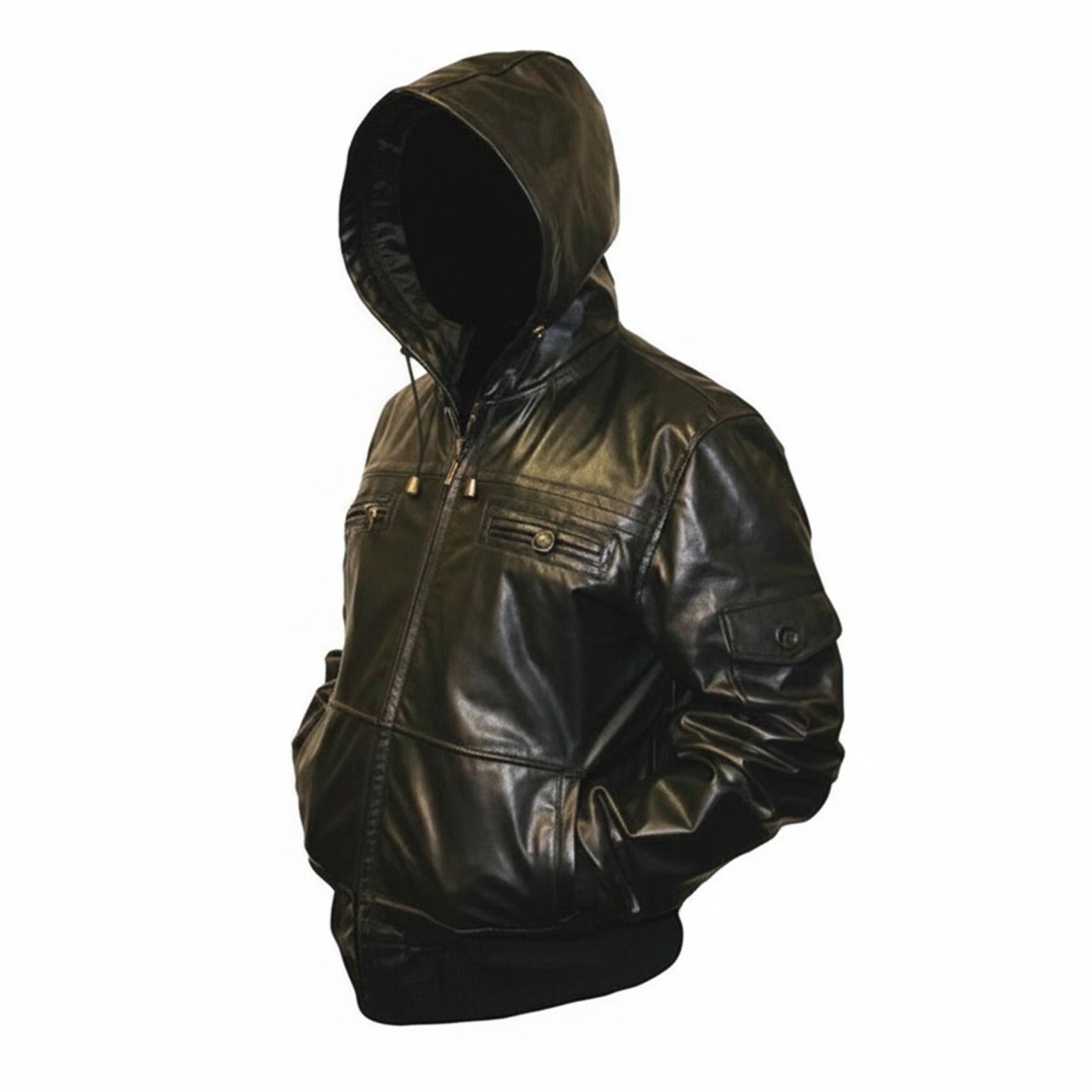 Men’s Black Premium Leather Hoodie Handmade Genuine Lambskin Leather Jacket