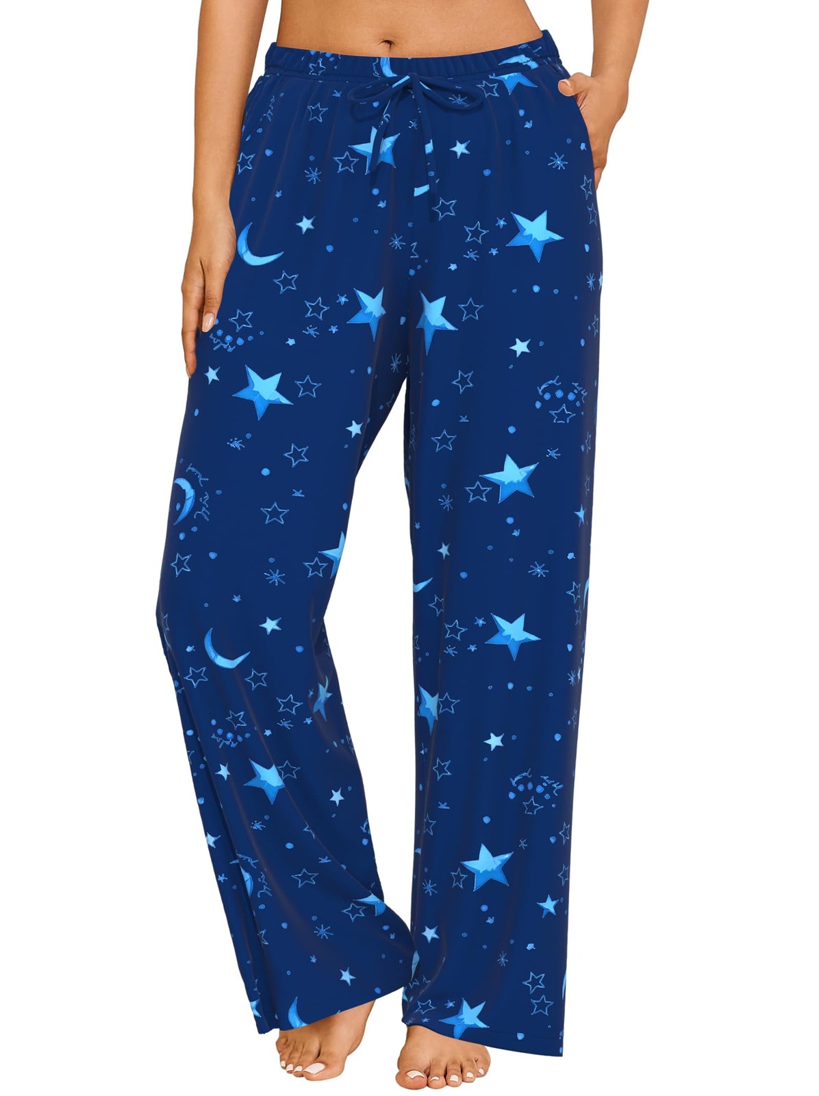 FLYCURVY Plus Size Women Pajama Pants Soft Long Sleep 5X-Large, Dark Blue
