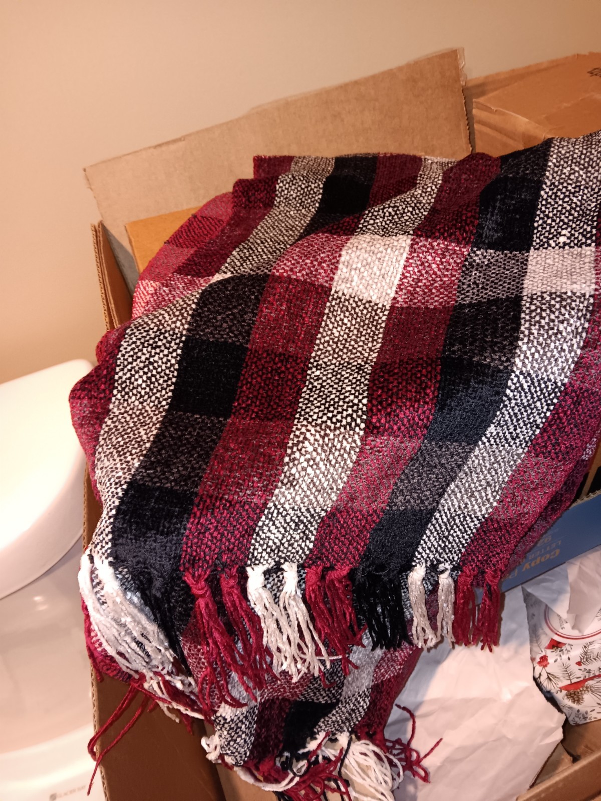 100% Rayon Gray, Red, Black, and White Checked Scarf 11 in. Wide x 76 in. Long