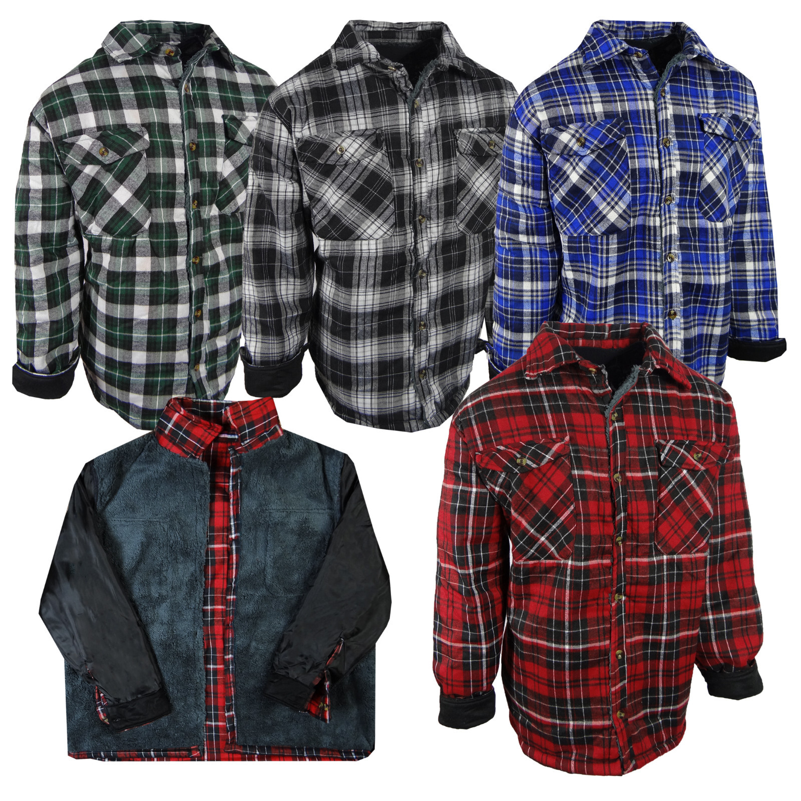 Men Flannel Plaid Shirt Jacket Sherpa Lining Warm ALL COTTON 4 Pockets Button Up