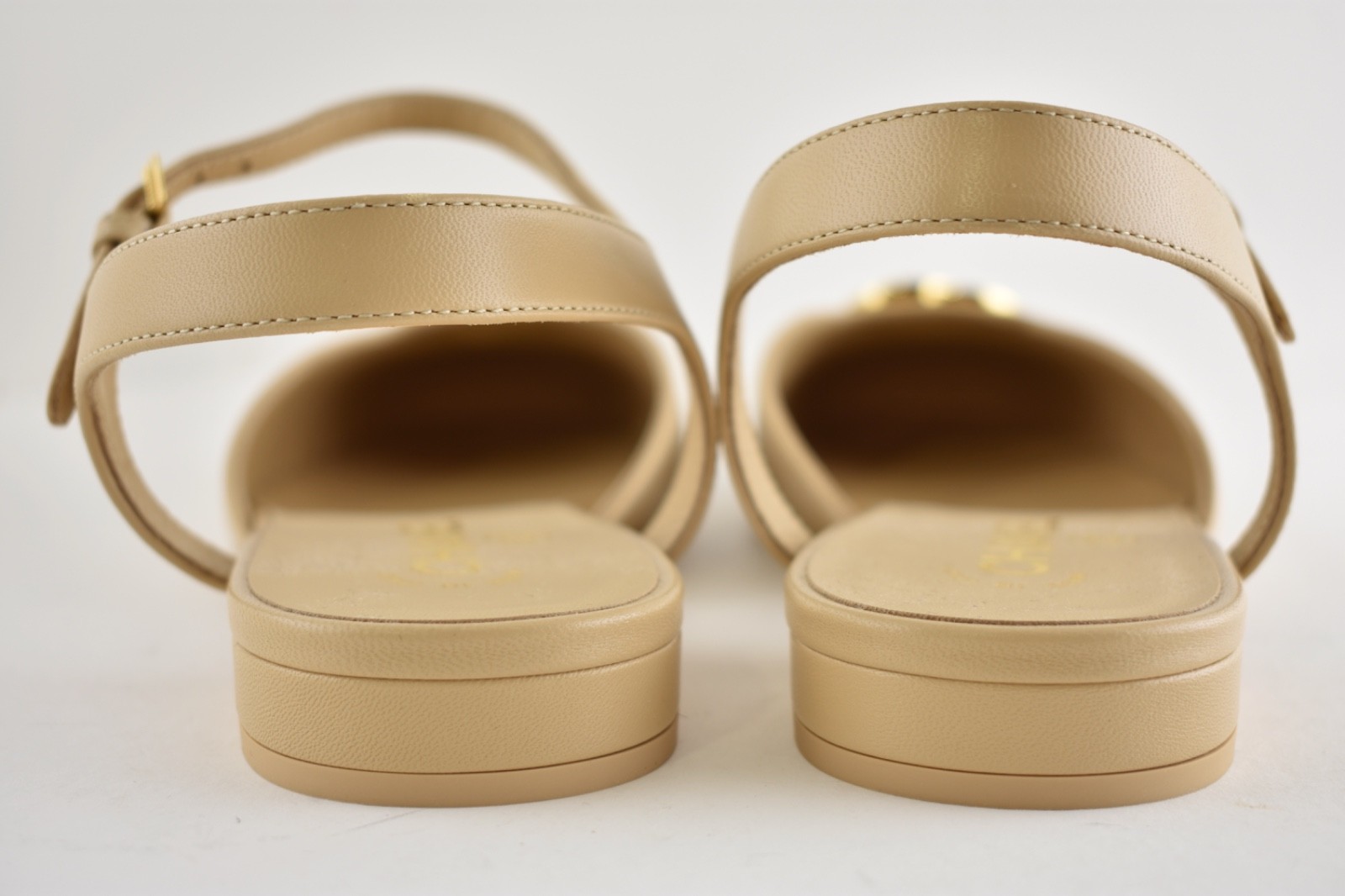 Chanel 25P Beige Black Gold CC Slingback Ankle Strap Ballerina Ballet Flat 40.5
