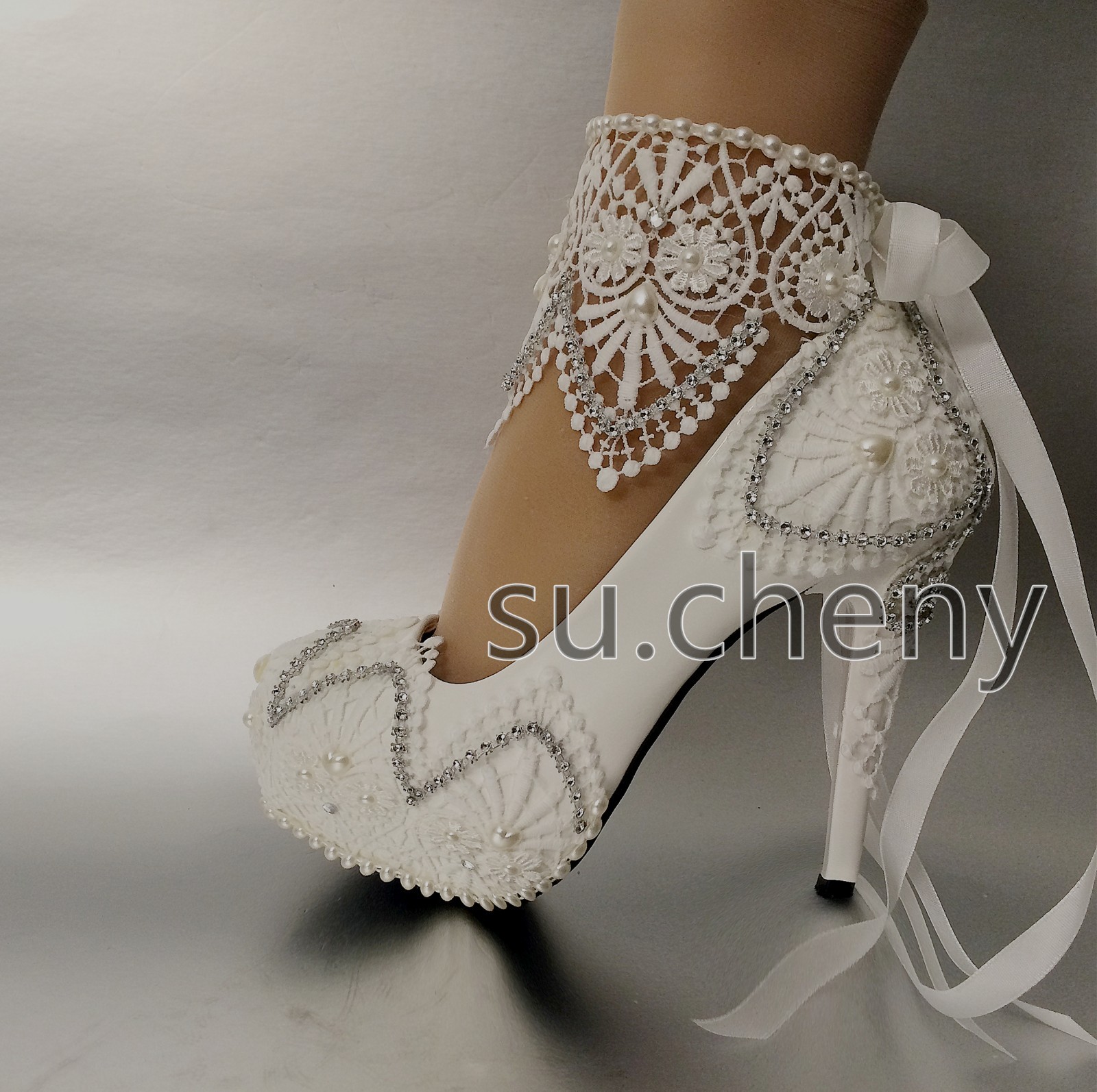 su.cheny white light ivory lace heel platform ribbon anklet Wedding Bridal shoes